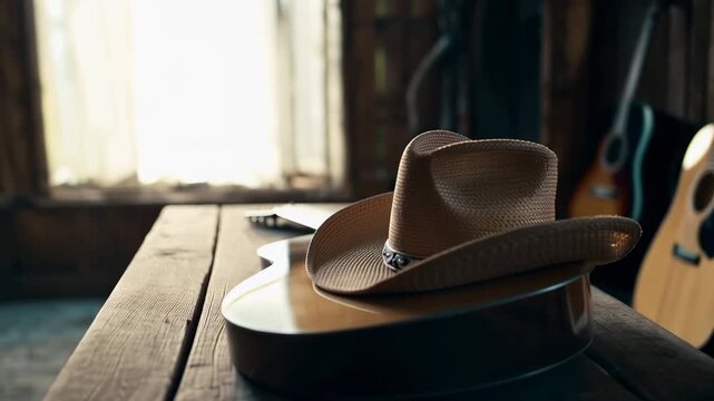 Guitar and hat on wooden table in a music room during the afternoon