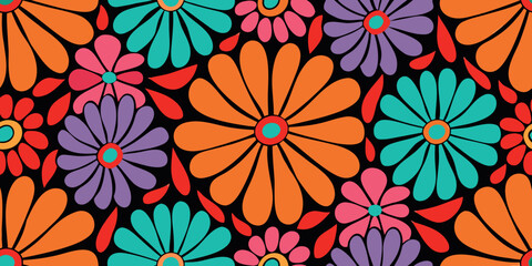 Colorful floral pattern with repeating stylized daisy like blossoms © Buddiswar