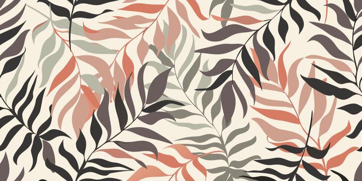 Abstract botanical pattern with elegantly shaped leaves in muted tones
