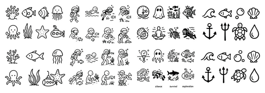Ocean icons with diver fish coral outline