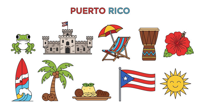 Collection of ten colorful icons representing Puerto Rican cultural symbols and elements