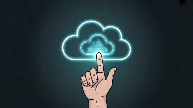A hand pointing toward floating cloud computing hologram icon 