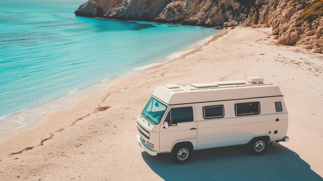 Enjoying a day at the beach with a camper van by the ocean