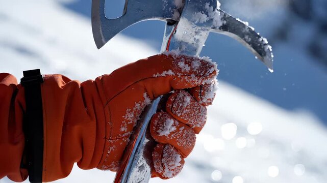 Alpinist Hand in Orange Glove Holds Icy Ice Axe