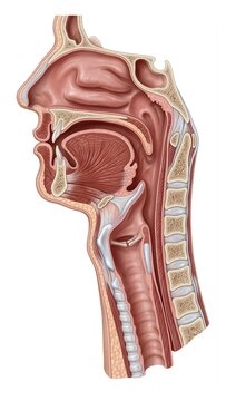 Human Throat Anatomy: Photorealistic Sagittal Cross-Section of Pharynx, Larynx, and Trachea