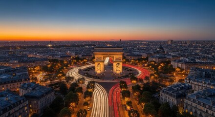 Obraz premium Aerial View of Cityscape at Dusk with Monument.