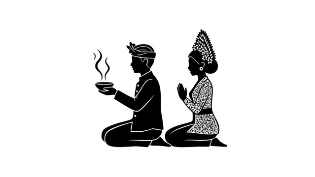 Balinese Couple Silhouette Performing Traditional Prayer Ritual