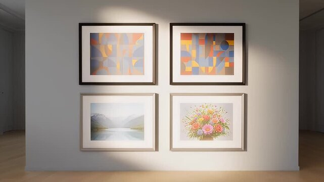 Four framed pieces of art hanging on a white wall in a room