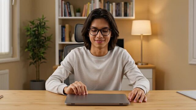 Young person closing laptop, focused work, modern home office setup, neutral tones, productive atmosphere, remote work concept