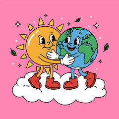 Naklejka premium Sun and Earth Friendship Cartoon