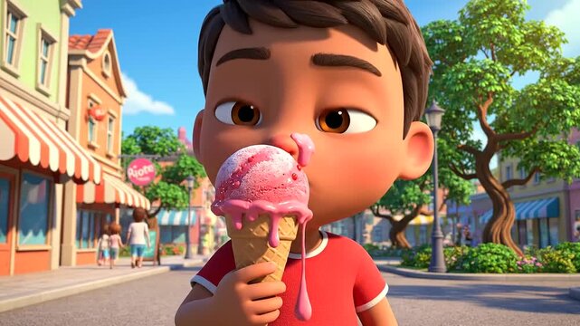 A cheerful animated boy immersed in sweet Kids Summer Adventures, savoring a vibrant pink ice cream cone on a bright day with a noticeable Melting Cone Drip.