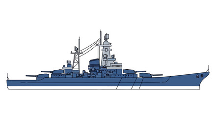 Illustration of a powerful blue warship with cannons and towers. © dailystock