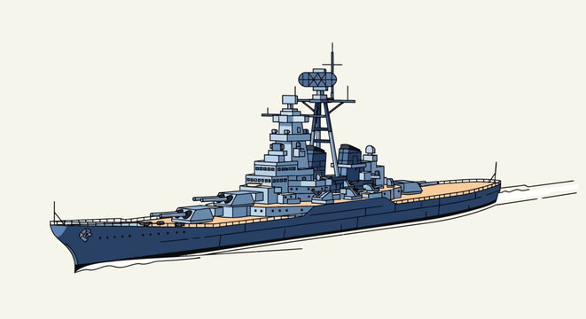 Illustration of a large blue battleship with multiple turrets and a tall mast.