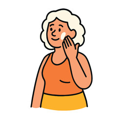 Obraz premium Elderly woman skincare happy cartoon hand face cream orange top yellow skirt