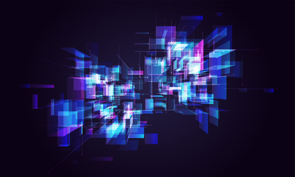 AI quantum tunnel background. Abstract 3D grid. Digital tech portal perspective. Matrix neon aesthetic, big data cyber network, science. Futuristic blue-purple code squares. Laser particles explosion