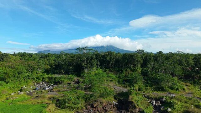 Aerial view of lush green forest stretching to meet Mount Merapi under a bright blue sky streaked with soft white clouds, Klaten Regency, Central Java, Indonesia.