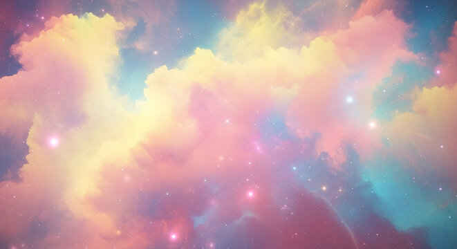 Abstract image of colorful cloud formation with shining stars, creating a dreamy, ethereal atmosphere, representing fantasy, imagination, or celestial beauty