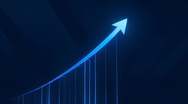 A bright blue upward trending arrow chart against a dark blue background