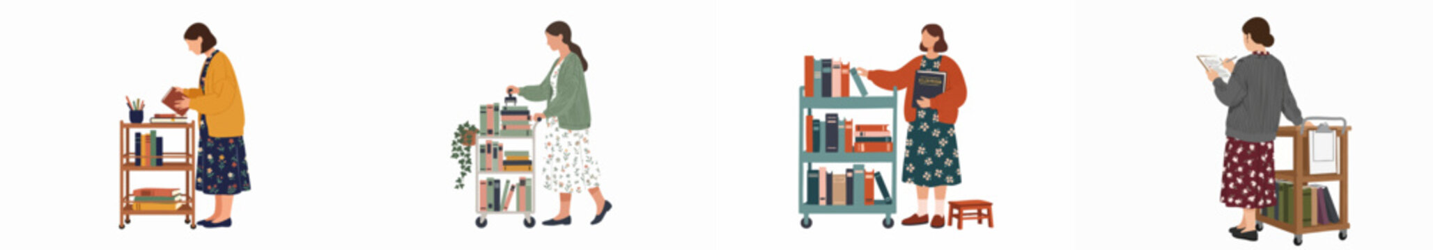 Flat illustration set of female librarians organizing, stamping, and managing books on various rolling carts in a library or bookstore setting.