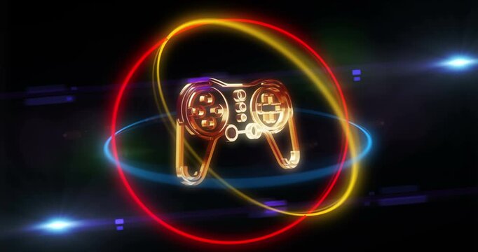 Gaming esport pad golden metal symbol in rotating neon 3d circles looped and seamless animation