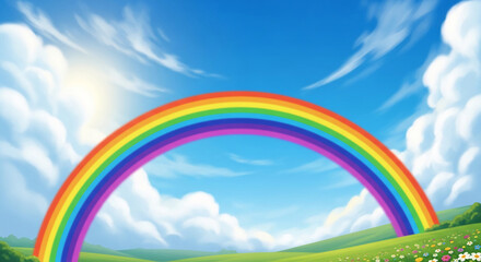 Illustration of a colorful rainbow over a green field with flowers under a blue sky with clouds, representing hope, peace, and colorful imagination