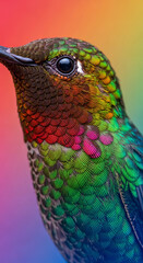 Fototapeta premium Close-up of hummingbird head and chest, showcasing vibrant, colorful feather patterns. Represents nature's beauty, wildlife, and avian biodiversity