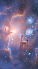 Obraz premium Vertical view of distant nebula with bright star cluster and cosmic dust clouds, symbolizing deep space, cosmic wonder, and endless possibility