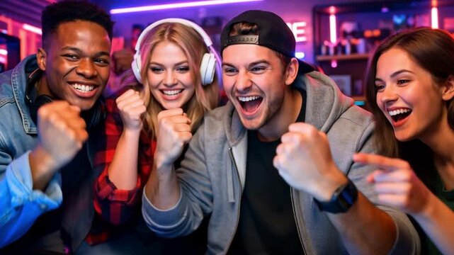 Group of excited young friends cheering together while playing a computer game, celebrating victory in a lively gaming atmosphere.