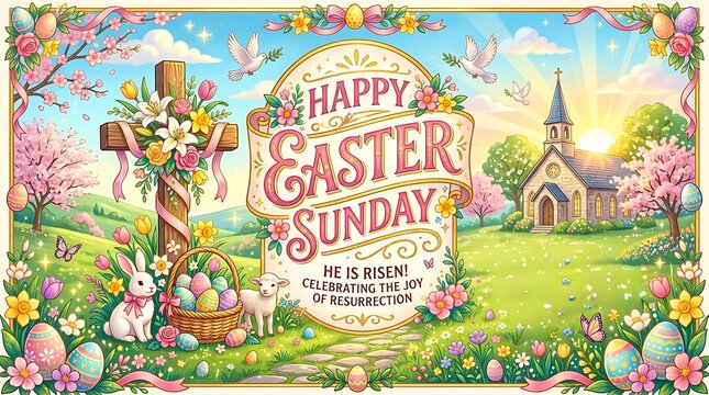 Happy easter sunday celebration with church and cross