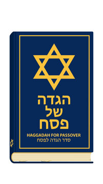 A detailed illustration of a Haggadah book, perfect for religious studies and Passover celebrations. The book cover features a Star of David and Hebrew text