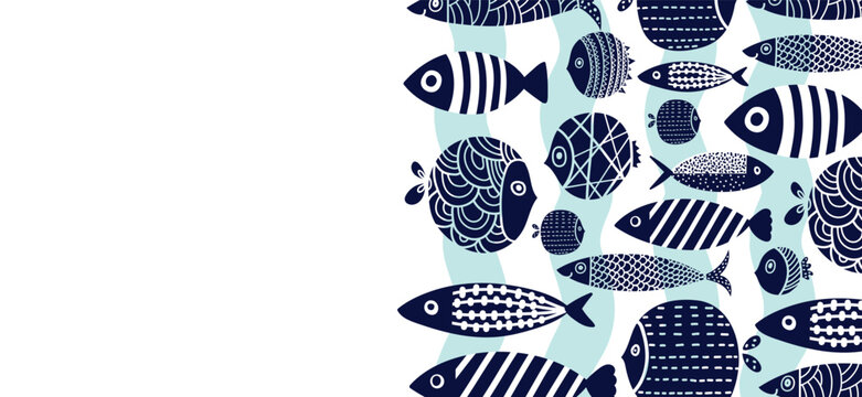 Sardines. Fish. Vector sea poster. Undersea. Wave.