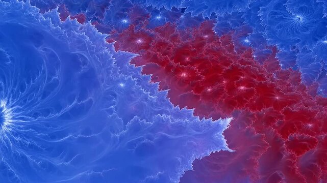 Abstract fractal design with red and blue hues creating a fiery cloudscape