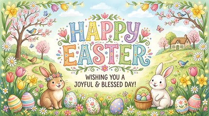 Obraz premium A happy easter card with two bunnies and colorful eggs