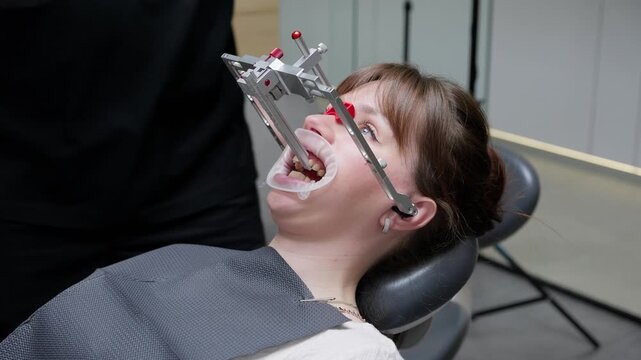 Orthodontist using a dental facebow device to measure jaw alignment and bite position of a female patient during orthodontic examination in a modern dental clinic