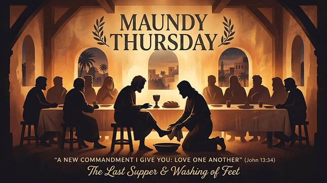 Maundy thursday depiction of the last supper and washing of feet