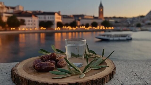 Dates and water prepared for iftar on the Bosphorus in Istanbul at sunset, representing Ramadan tradition and spiritual evening atmosphere.
