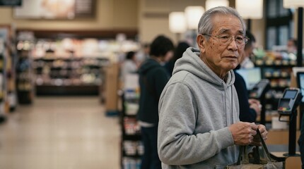 Obraz premium Senior Asian man waiting in a checkout line at a grocery store. Elderly male customer holding a reusable shopping bag in a supermarket. Retired man shopping for groceries in a retail store