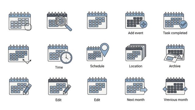 Calendar icons in blue and grey depicting schedule, time, events, and task tracking