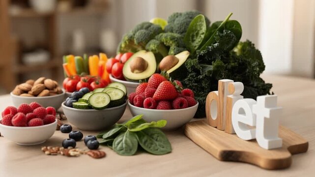 Healthy diet concept with fresh vegetables, berries, avocado, nuts, and leafy greens arranged on a kitchen table.