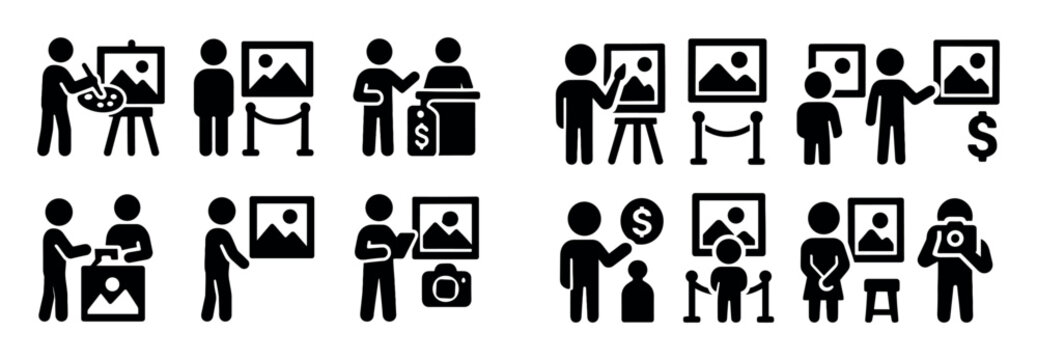 Art icons with easel painting people minimal