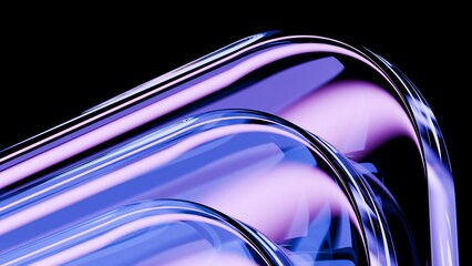 Abstract wavy curved 3d render. Neon glass squares with rounded corners. Neon light.