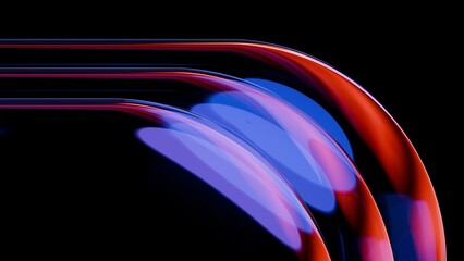 Abstract wavy curved 3d render. Neon glass squares with rounded corners. Neon light.