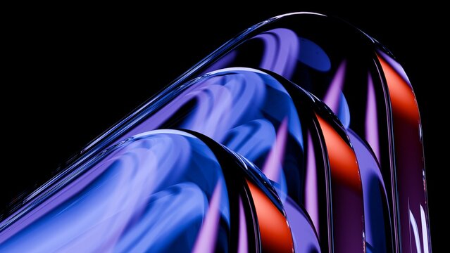 Abstract wavy curved 3d render. Neon glass squares with rounded corners. Neon light.