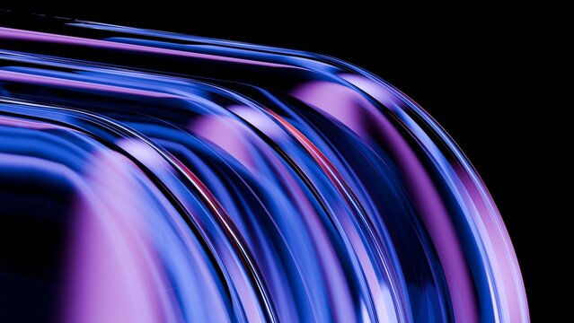 Abstract wavy curved 3d render. Neon glass squares with rounded corners. Neon light.