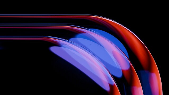 Abstract wavy curved 3d render. Neon glass squares with rounded corners. Neon light.