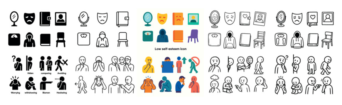 Self esteem icons with mirror mask person minimal