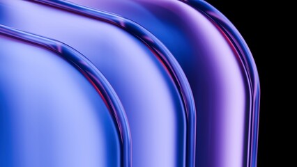 Abstract wavy curved 3d render. Neon glass squares with rounded corners. Neon light.