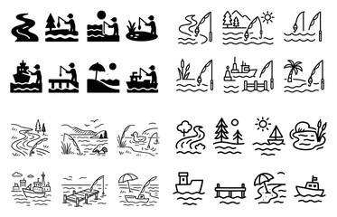 Naklejka premium Fishing icons with boat rod river outline