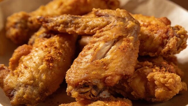 Crispy golden fried chicken wings stacked on a plate, showcasing crunchy texture and classic comfort food.