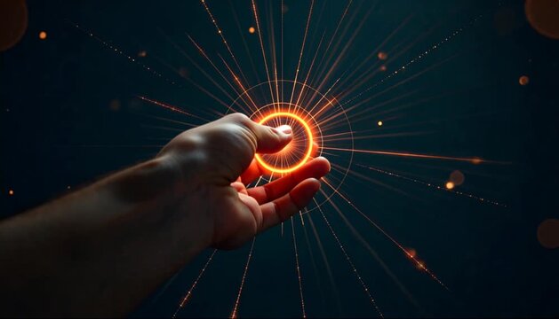 A hand pushing a holographic sunbeam amplifier icon. 